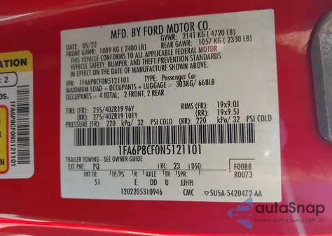 2022 Ford Mustang Gt Premium Fastback from USA, damaged, VIN 1FA6P8CF0N5121101